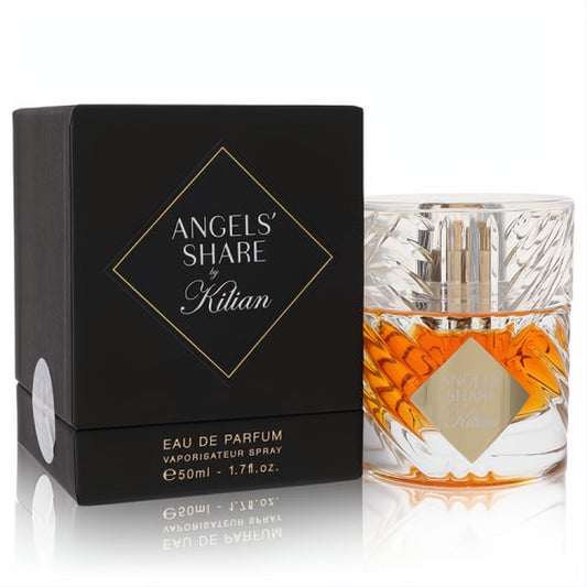 Luxurious Kilian Angels' Share 1.7 oz EDP. Elegant faceted glass bottle with rich amber liquid and its matte black gold-accented box.