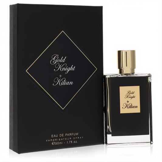 Kilian Gold Knight 1.7 oz Eau de Parfum for men. Sleek black bottle, gold cap, and elegant matching presentation box.