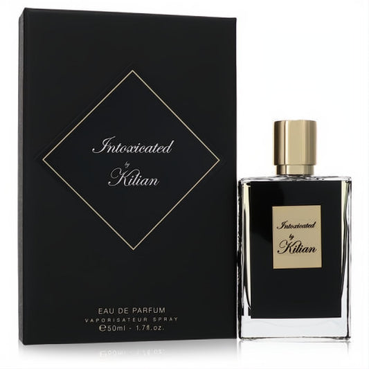 Kilian Intoxicated 1.7 oz Eau De Parfum. Sleek black bottle, gold cap, and elegant black box with gold accents.