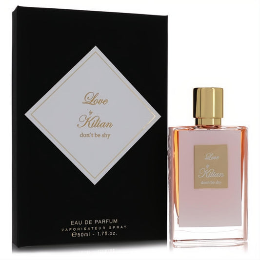 Exquisite Kilian Love Don't Be Shy 1.7 oz Eau De Parfum. Blush pink glass bottle with gold cap and sophisticated black box.