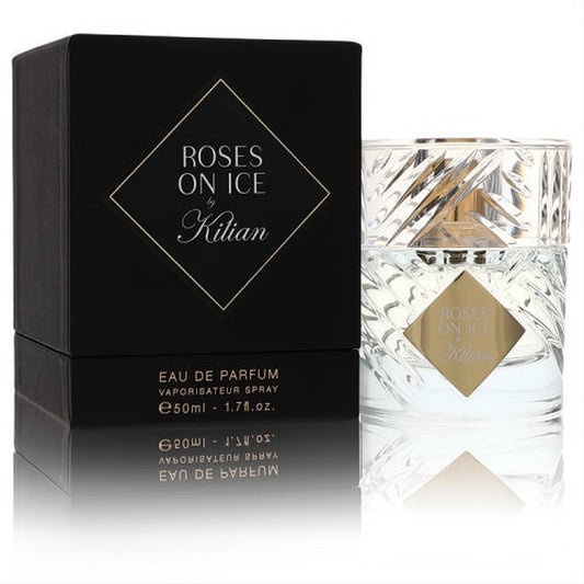 Luxurious Kilian Roses On Ice 1.7 oz Eau De Parfum. Features a stunning faceted glass bottle with gold accents and a sleek black box.