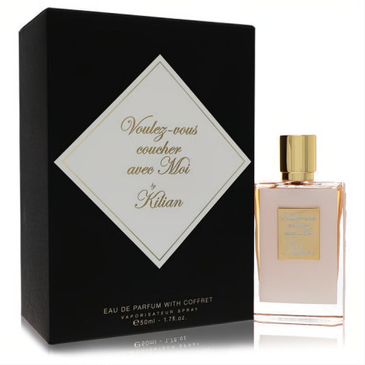 Sophisticated Kilian Voulez-Vous Coucher Avec Moi 1.7 oz EDP. Black box with diamond label, clear bottle, peach fragrance, gold cap.