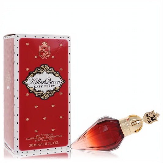 Killer Queen by Katy Perry 1 oz EDP. Striking red faceted glass bottle with gold crown cap, next to its vibrant red and white box.