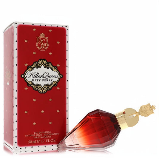 Unleash your inner queen with Katy Perry's Killer Queen 1.7 oz EDP. Bold red faceted bottle, gold crown cap, and regal red polka dot box.