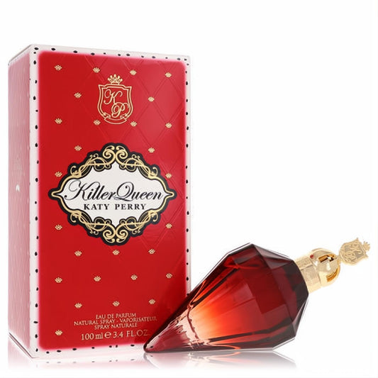 Killer Queen by Katy Perry 3.4 oz EDP. Iconic red faceted bottle with gold crown cap and regal red box with quilted design.