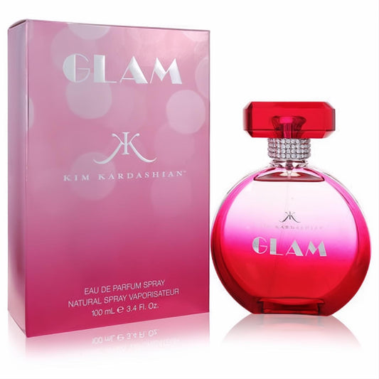 Kim Kardashian Glam 3.4 oz perfume. Dazzling pink-red bottle, sparkling rhinestone collar, and chic red cap.