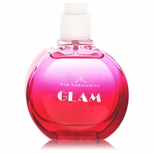 Dazzling Kim Kardashian Glam perfume tester. Vibrant pink to red ombre glass bottle with a white sprayer and bold silver "GLAM" text.