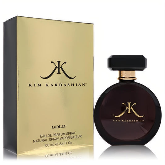 Luxurious Kim Kardashian Gold 3.4 oz EDP spray. Elegant dark brown bottle, gold neck, black cap, and shimmering gold box.
