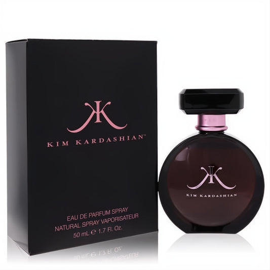 Kim Kardashian 1.7 oz Eau De Parfum. Luxurious dark round bottle with signature pink KK logo, black cap, and elegant matching box.