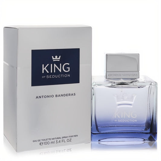 Antonio Banderas King of Seduction 3.4 oz men's EDT. Modern clear glass bottle with blue gradient liquid, silver cap, and sleek white box.