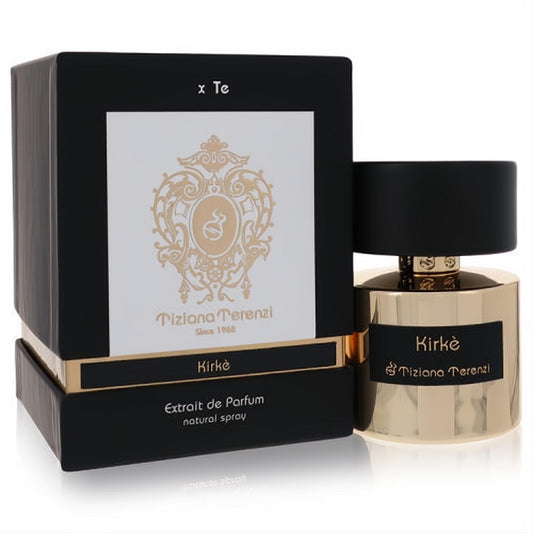 Elegant Kirke Tiziana Terenzi extrait de parfum in a luxurious gold bottle with a sleek black cap and matching black box.