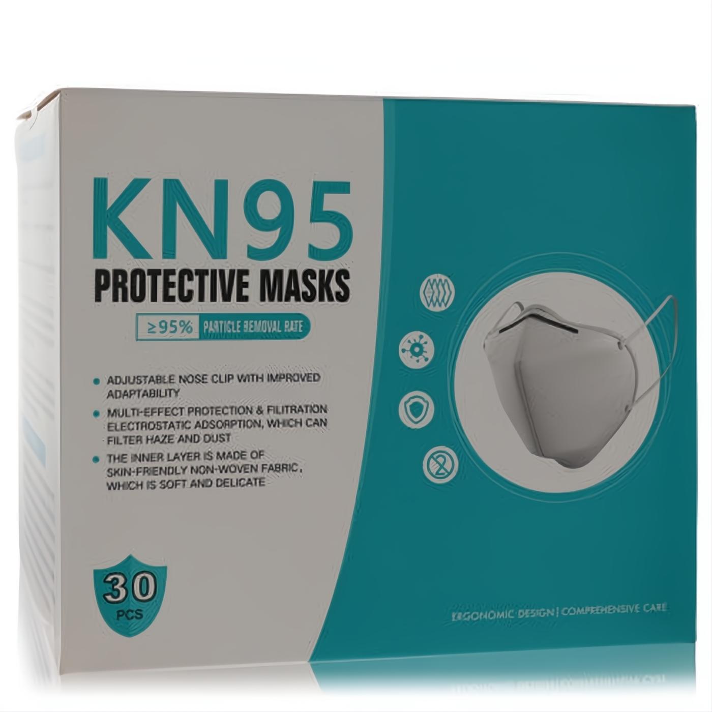 Premium 30-count box of white KN95 protective masks with teal accents, featuring adjustable nose clip and soft non-woven fabric.