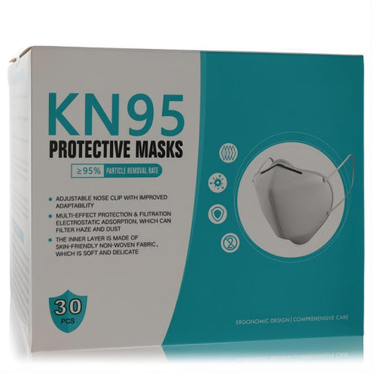 Premium 30-count box of white KN95 protective masks with teal accents, featuring adjustable nose clip and soft non-woven fabric.