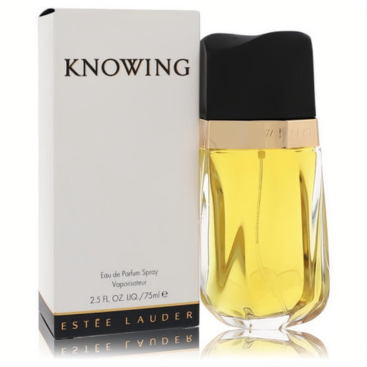 Experience Estee Lauder Knowing 2.5 oz EDP. Elegant faceted glass bottle with rich golden liquid, black cap, and classic white box.