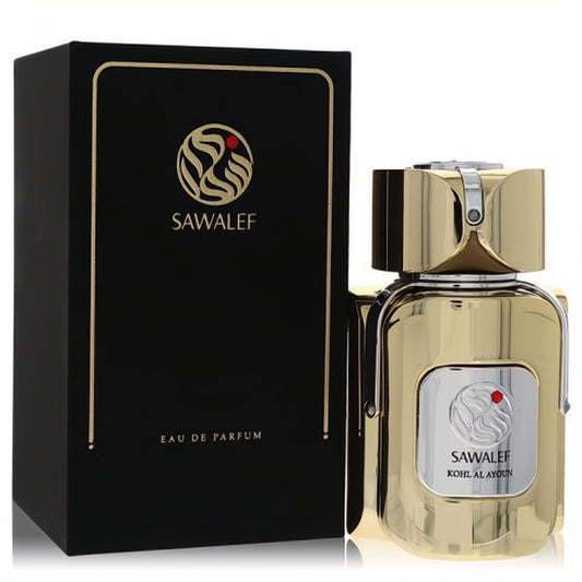 Dazzling gold Sawalef Kohl Al Ayoun 2.7 oz unisex Eau De Parfum spray bottle with ornate cap and sleek black box.