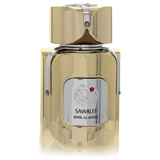 Sawalef Kohl Al Ayoun perfume bottle. Gleaming gold finish, elegant silver side panels, and a distinctive cap.