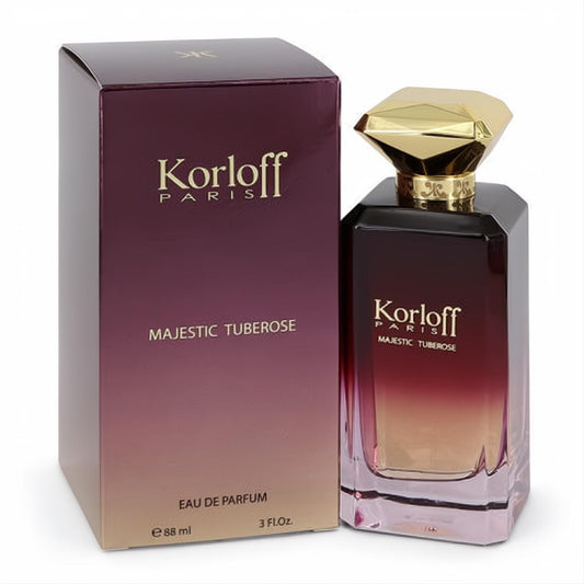Korloff Majestic Tuberose 3 oz women's EDP. Luxurious ombre burgundy to amber bottle with a dazzling gold faceted cap.