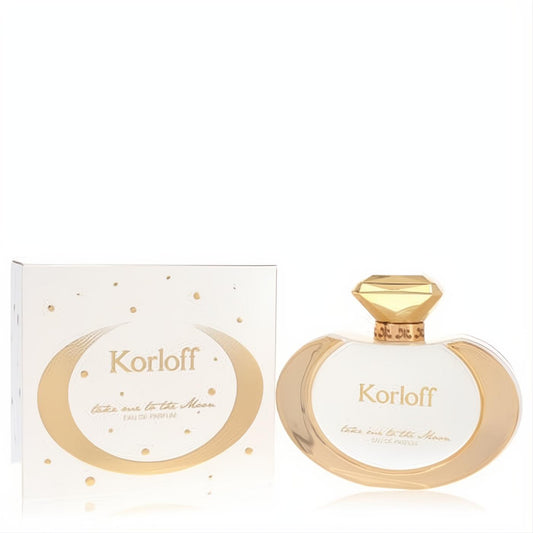 Elegant Korloff Take Me To The Moon 3.4 oz EDP. Stunning white and gold oval bottle with a luxurious diamond-cut cap and matching celestial box.