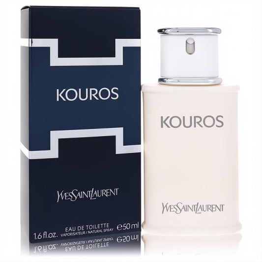 Kouros by Yves Saint Laurent 1.6 oz EDT spray. Classic cream bottle with white cap, next to its bold navy box.