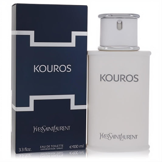 Yves Saint Laurent Kouros 3.3 oz EDT spray, a striking white bottle with silver cap, alongside its classic dark blue box.