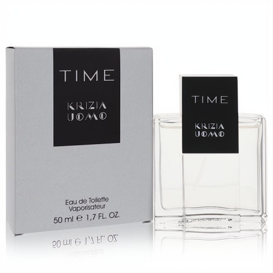 Krizia Time Uomo 1.7 oz EDT spray for men. Elegant clear glass bottle with bold black label and sleek silver box.