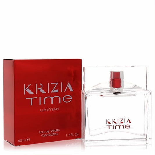 Vibrant Krizia Time by Krizia Eau de Toilette 1.7 oz. Features a glossy red box and sleek clear glass spray bottle with red accents.