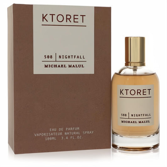 Ktoret 508 Nightfall Michael Malul 3.4 oz EDP. Clear bottle, amber liquid, gold cap, and elegant brown box.