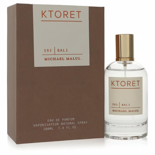 Ktoret 593 Bali women's 3.4 oz Eau De Parfum. Luxurious clear glass bottle, gold cap, and stylish earthy brown box.