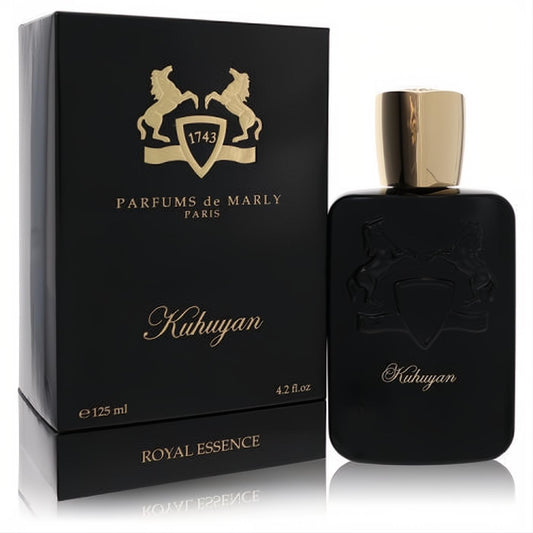 Experience Kuhuyan by Parfums de Marly 4.2 oz EDP. Luxurious black bottle and box with gold horse logo and elegant script.
