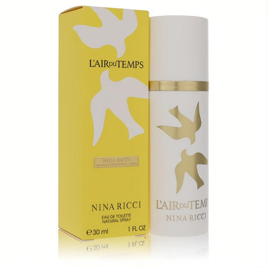 L'Air Du Temps Nina Ricci 1 oz EDT spray. White bottle with elegant gold doves, vibrant yellow box.