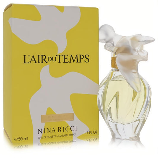 Elegant Nina Ricci L'Air Du Temps 1.7 oz EDT spray. Features a clear spiral glass bottle, iconic frosted bird cap, and vibrant yellow box.