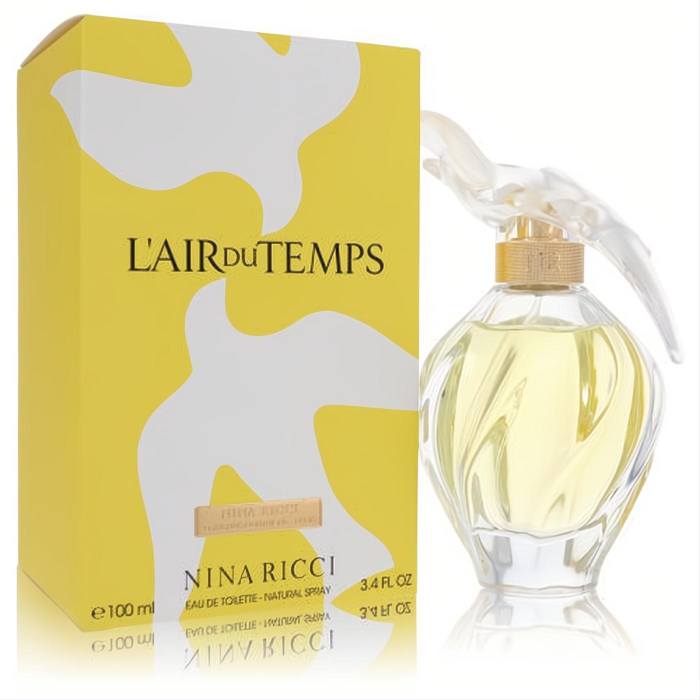 Elegant L'Air Du Temps by Nina Ricci 3.4 fl oz EDT spray. Clear bottle, gold bird cap, and vibrant yellow dove box.