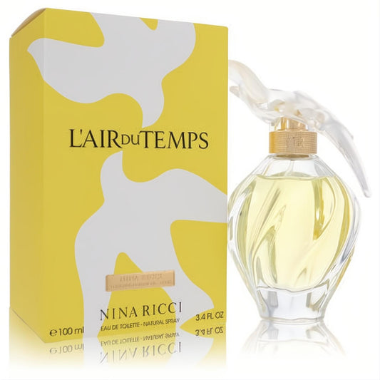 Elegant L'Air Du Temps by Nina Ricci 3.4 fl oz EDT spray. Clear bottle, gold bird cap, and vibrant yellow dove box.