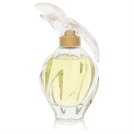 Experience L'Air Du Temps Nina Ricci 3.4 oz EDT. Elegant swirling glass bottle, iconic clear bird cap, and golden fragrance.