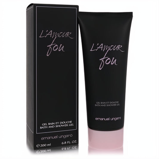 Luxurious L'Amour Fou Ungaro 6.8 oz shower gel. Sleek matte black tube with elegant pink script and matching box.