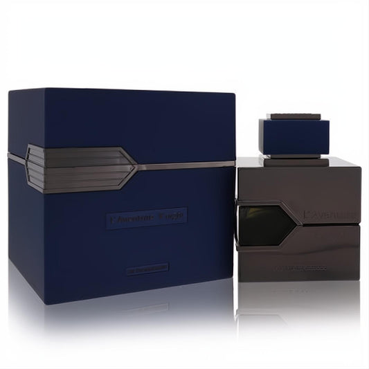 L'Aventure Knight by Al Haramain men's fragrance: sleek dark blue box and angular black bottle with metallic accents.