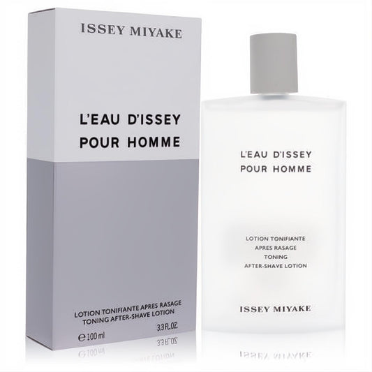 Elevate your routine with Issey Miyake L'Eau D'Issey Pour Homme 3.3oz frosted after-shave lotion in a sleek white bottle and box.