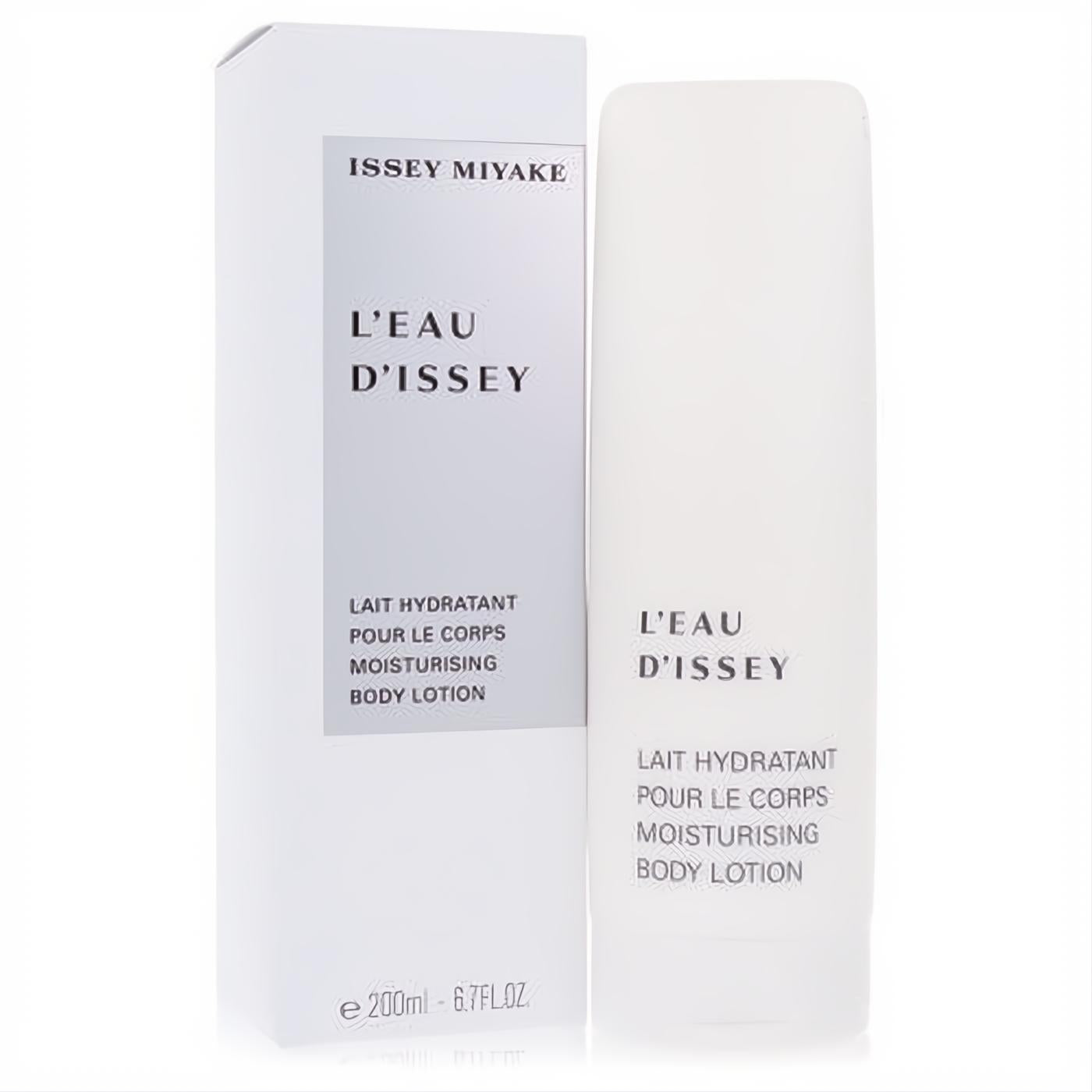 Experience luxury with Issey Miyake L'Eau D'Issey 6.7 oz moisturizing body lotion. Sleek white box and frosted bottle.