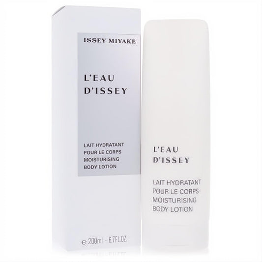 Experience luxury with Issey Miyake L'Eau D'Issey 6.7 oz moisturizing body lotion. Sleek white box and frosted bottle.