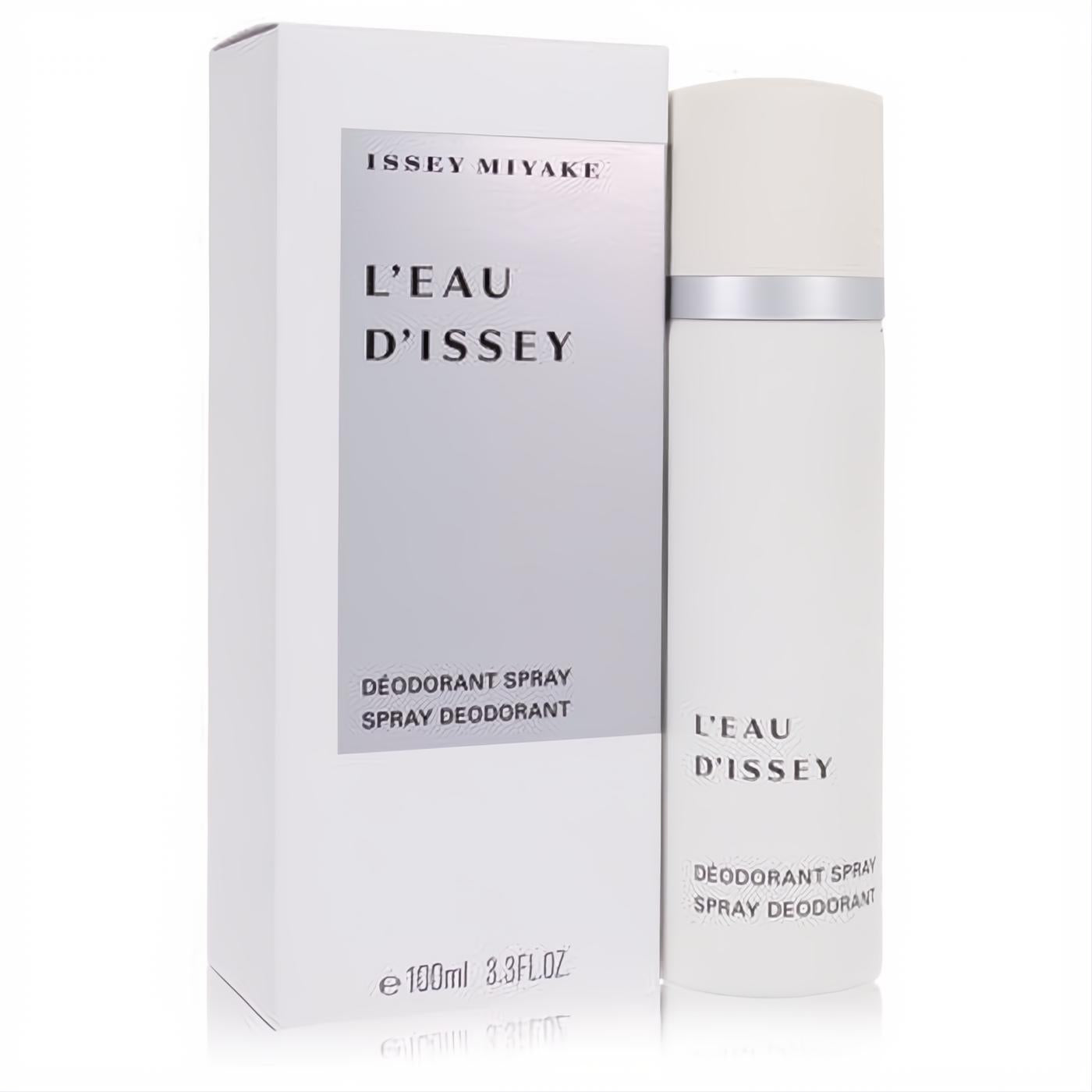Discover the iconic L'Eau D'Issey by Issey Miyake 3.3 oz deodorant spray. Sleek white bottle with silver accent and elegant box.