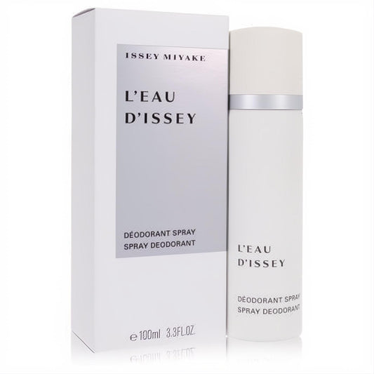 Discover the iconic L'Eau D'Issey by Issey Miyake 3.3 oz deodorant spray. Sleek white bottle with silver accent and elegant box.