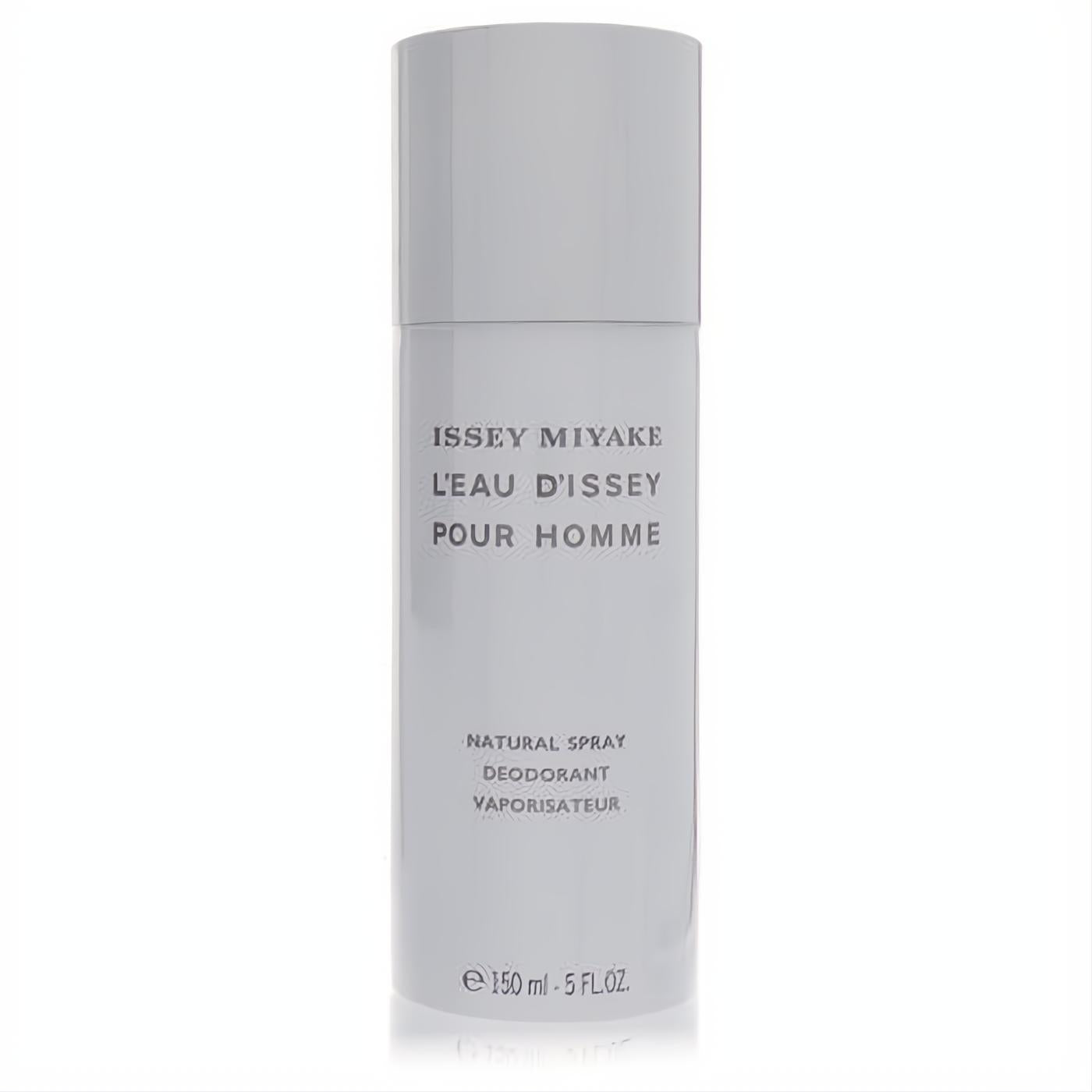 Issey Miyake L'Eau D'Issey Pour Homme 5 oz natural deodorant spray. Sleek matte grey cylindrical bottle for lasting freshness.
