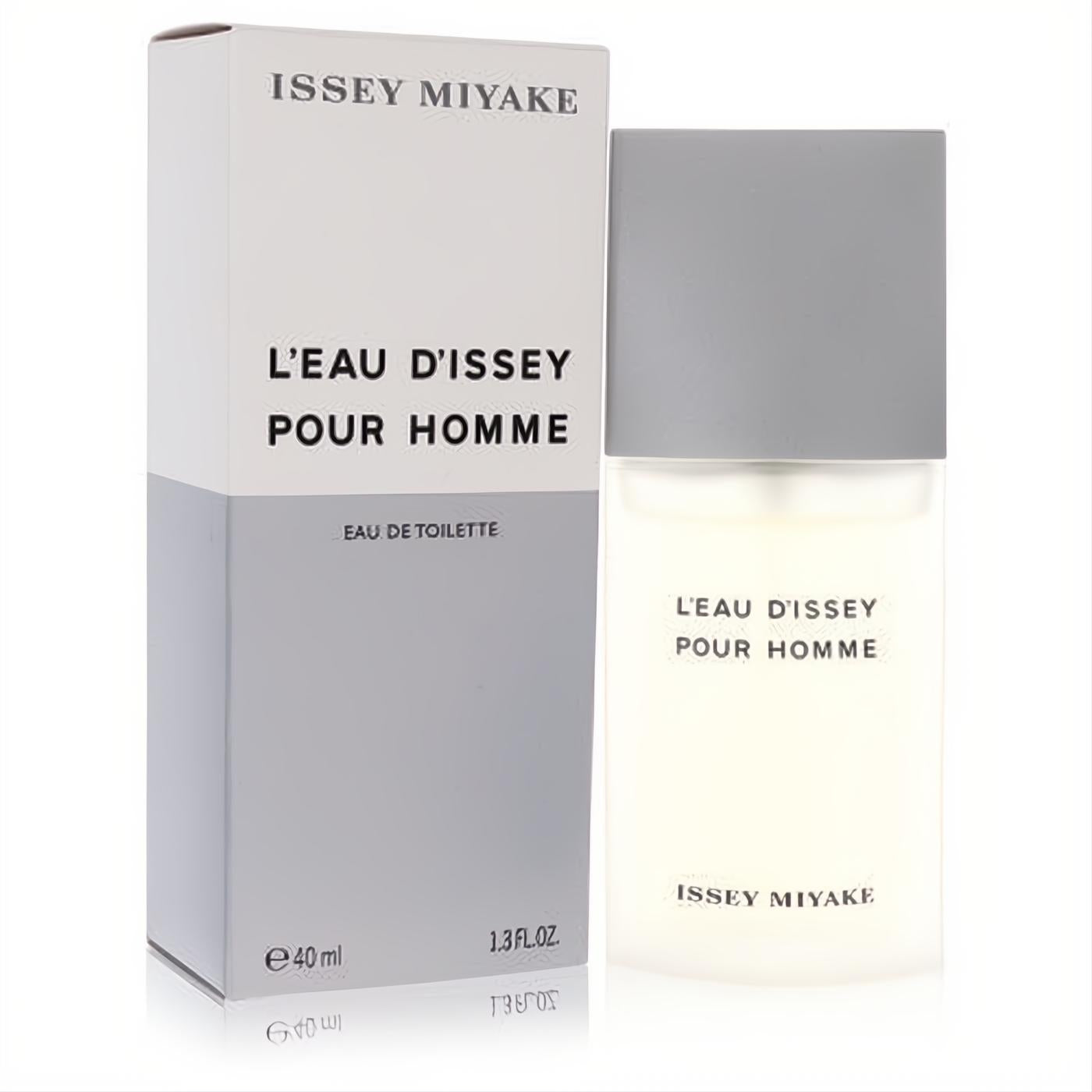 Issey Miyake L'Eau D'Issey Pour Homme EDT 1.3 oz (40ml). Modern clear glass bottle with gray cap and elegant white/gray box.