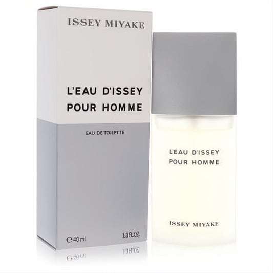 Issey Miyake L'Eau D'Issey Pour Homme EDT 1.3 oz (40ml). Modern clear glass bottle with gray cap and elegant white/gray box.