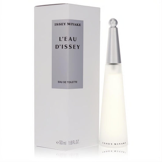 Discover Issey Miyake L'Eau D'Issey 1.6 oz EDT, a fresh aquatic fragrance in its elegant frosted conical bottle with silver cap.