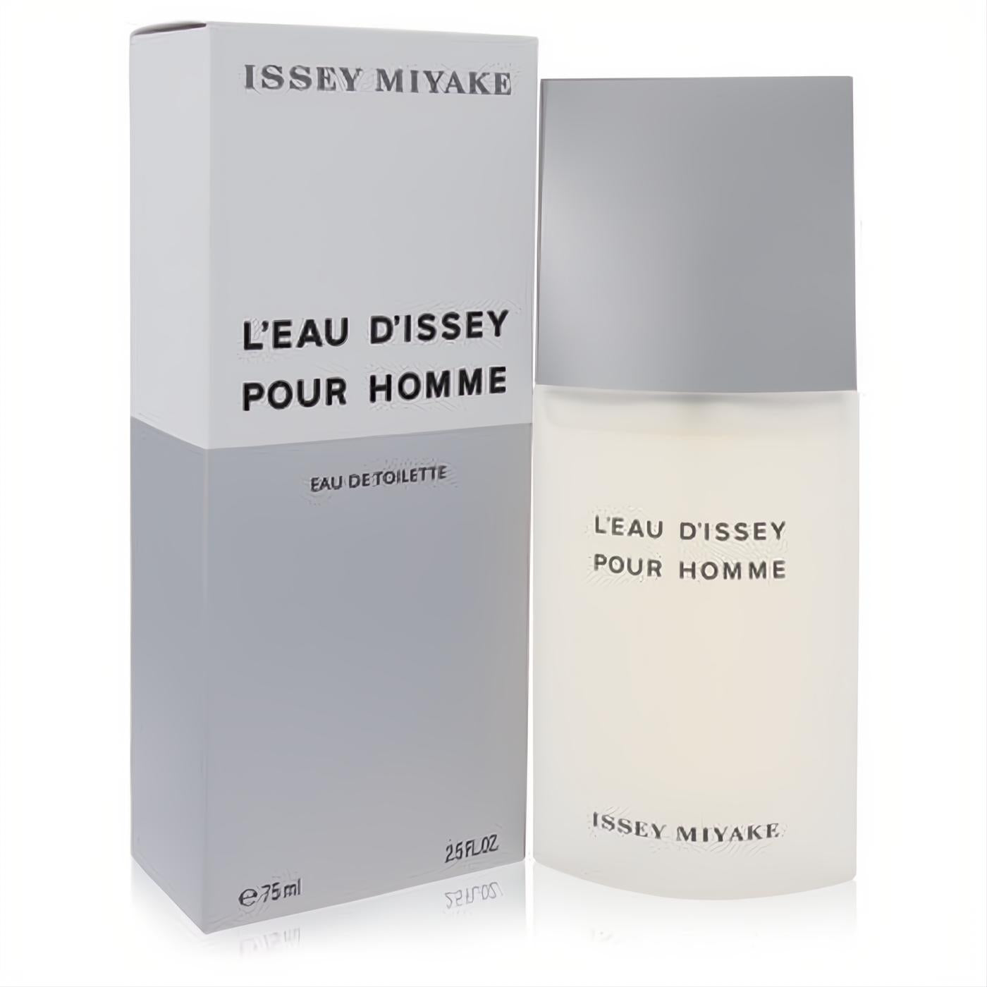 Elevate your style with Issey Miyake L'Eau D'Issey Pour Homme 2.5 oz EDT. Sleek frosted glass bottle and modern grey box.