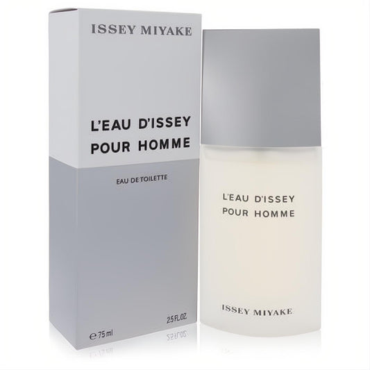 Elevate your style with Issey Miyake L'Eau D'Issey Pour Homme 2.5 oz EDT. Sleek frosted glass bottle and modern grey box.