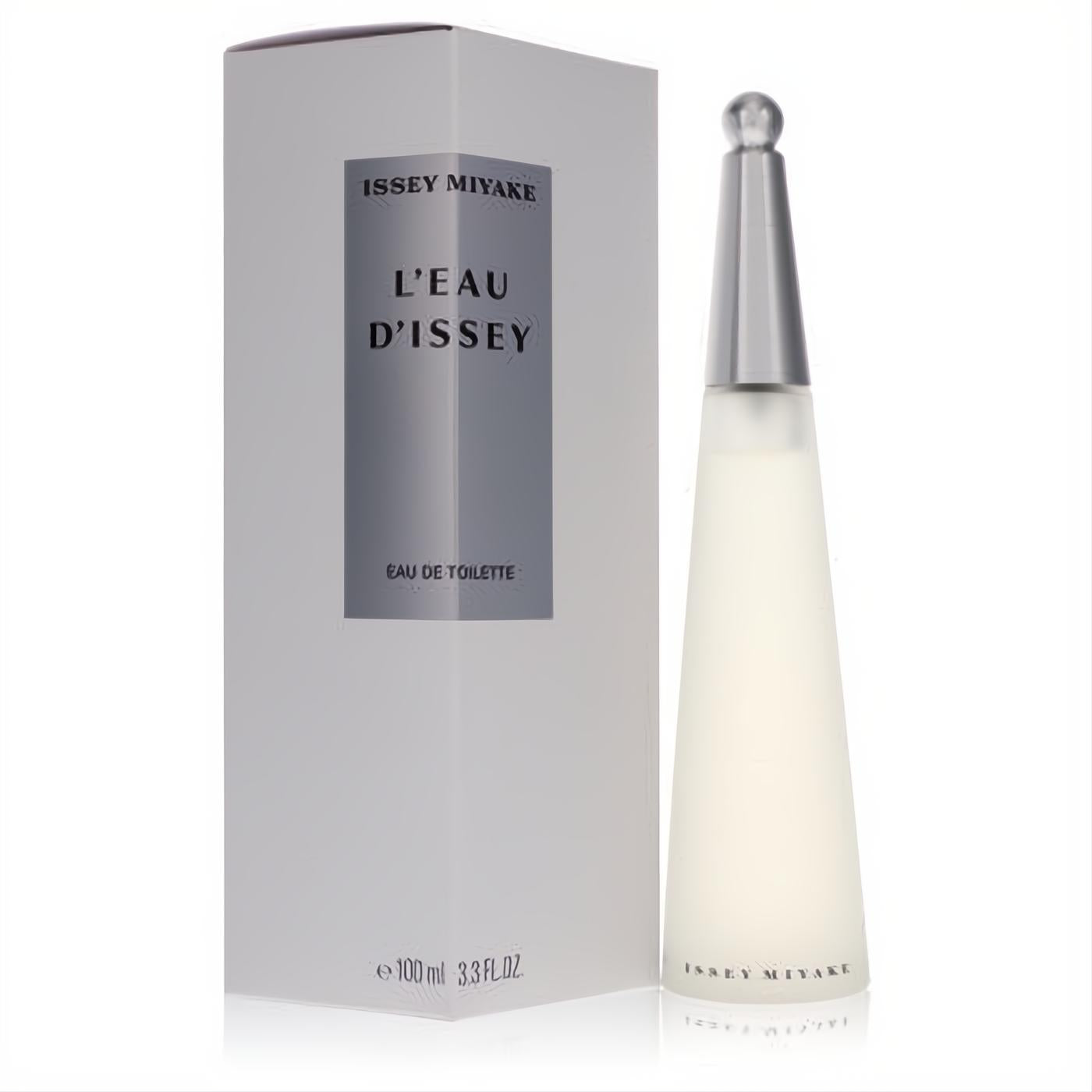 L'Eau D'Issey 3.3 oz Eau De Toilette. Iconic frosted glass bottle with sleek silver cap next to its minimalist white box.