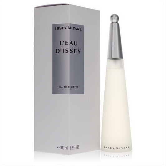 L'Eau D'Issey 3.3 oz Eau De Toilette. Iconic frosted glass bottle with sleek silver cap next to its minimalist white box.