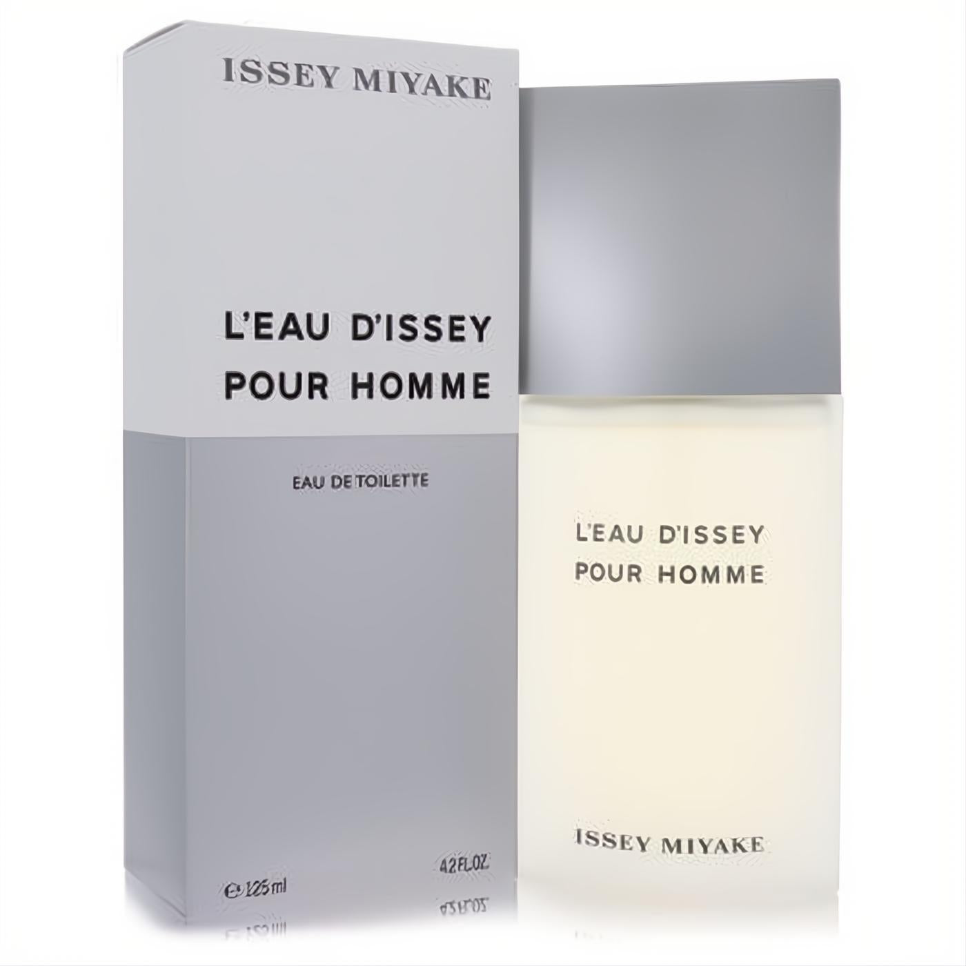 Issey Miyake L'Eau D'Issey Pour Homme 4.2 oz EDT. Elegant frosted bottle with silver cap and sleek grey packaging.